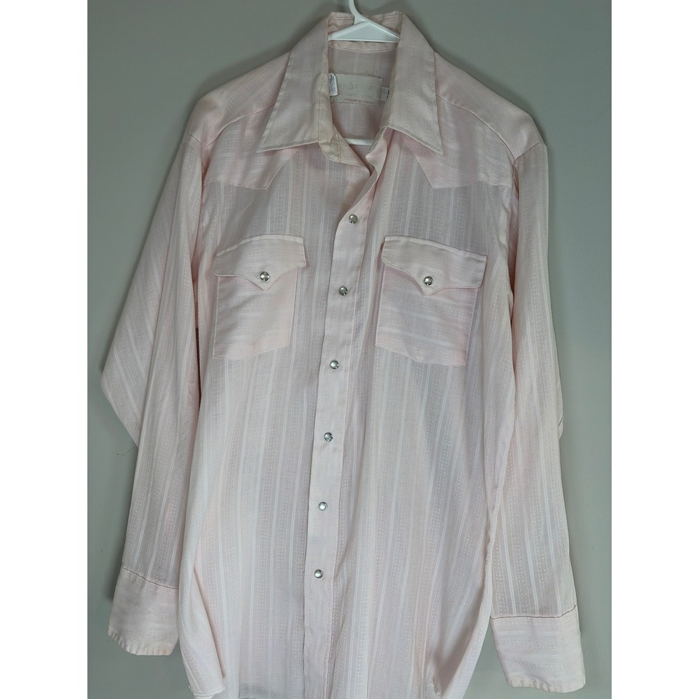 Vintage Ranch & Town Western Snap Shirt Pink Dobby Stripe Pearl Snap 16-34 L